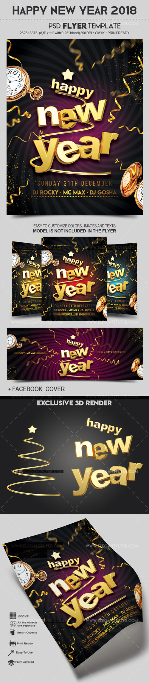 Happy New Year 2018 Flyer PSD Template (+ Facebook Cover)