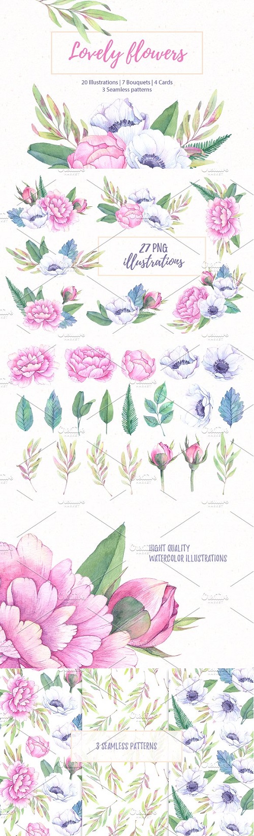 Lovely flowers. Watercolor set - 1371730