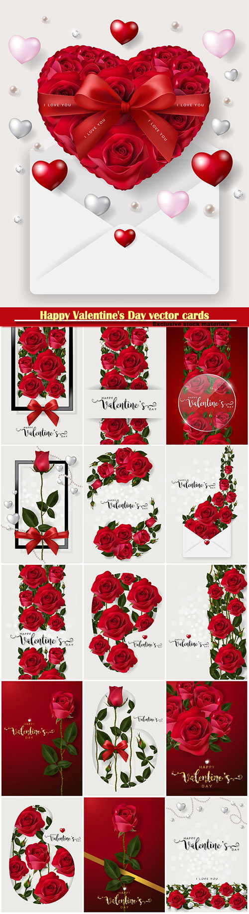 Happy Valentine's Day vector cards, red roses and hearts, romantic backgrounds # 3