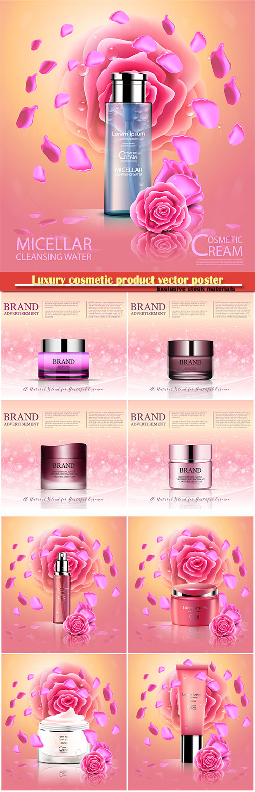 Luxury cosmetic product vector poster, rose and bokeh background