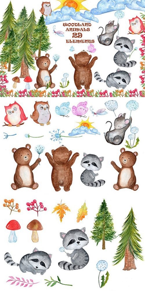 Watercolour forest animals clipart 1600337