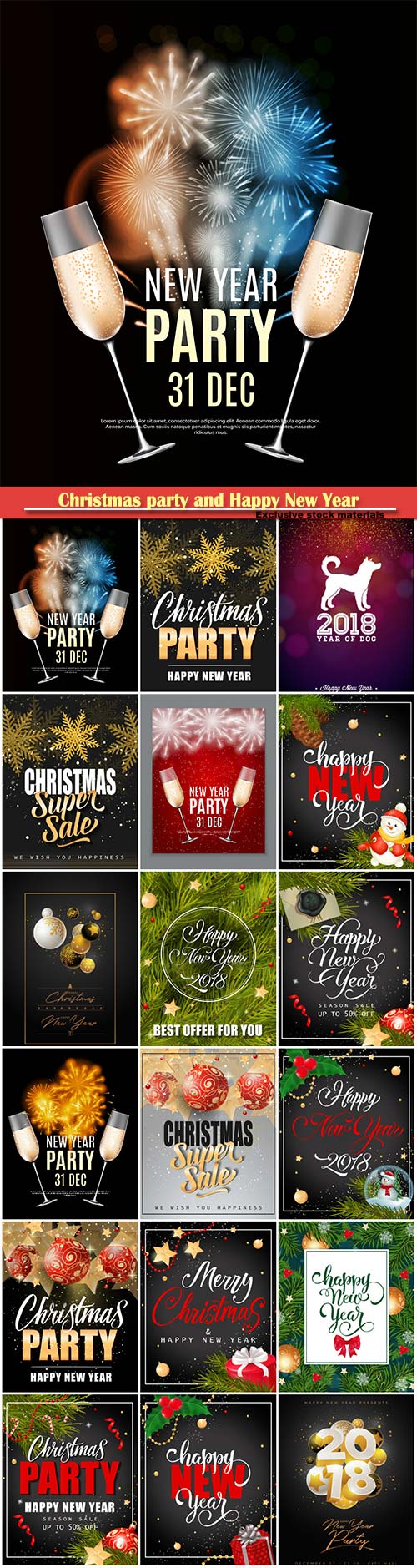 Christmas party and Happy New Year vector posters