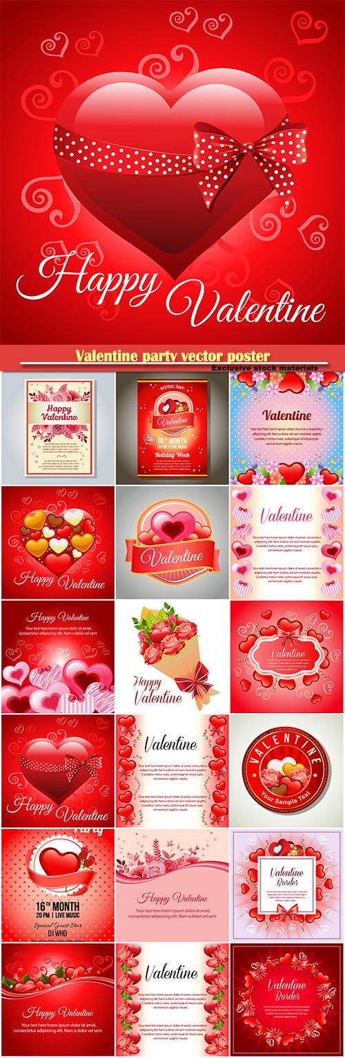 Valentine party vector poster, happy valentine various card