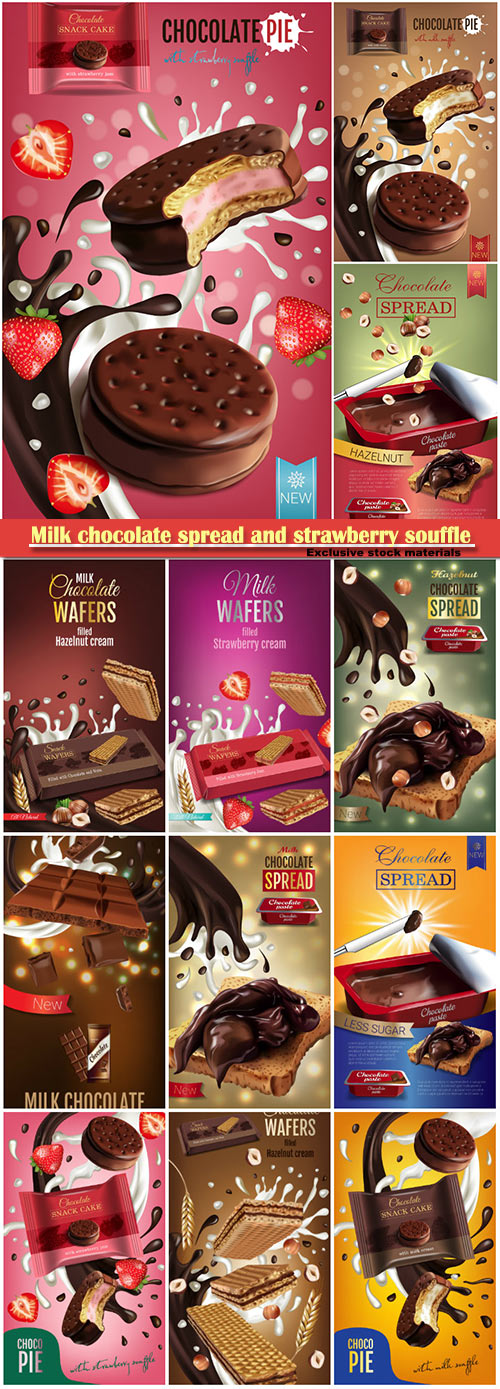 Vector realistic illustration of milk chocolate spread and strawberry souff ...