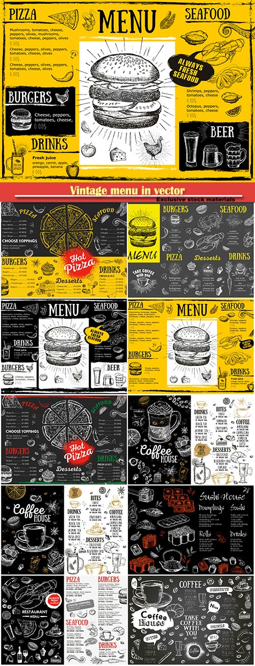 Vintage menu in vector, drinks, fast food, coffee