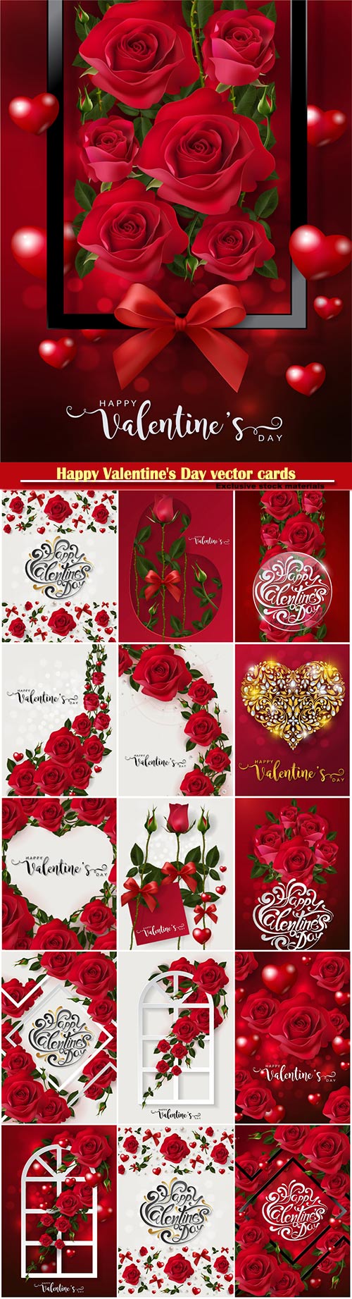 Happy Valentine's Day vector cards, red roses and hearts, romantic backgrounds # 4