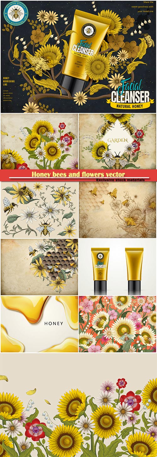 Honey bees and flowers vector background, facial cleanser ads