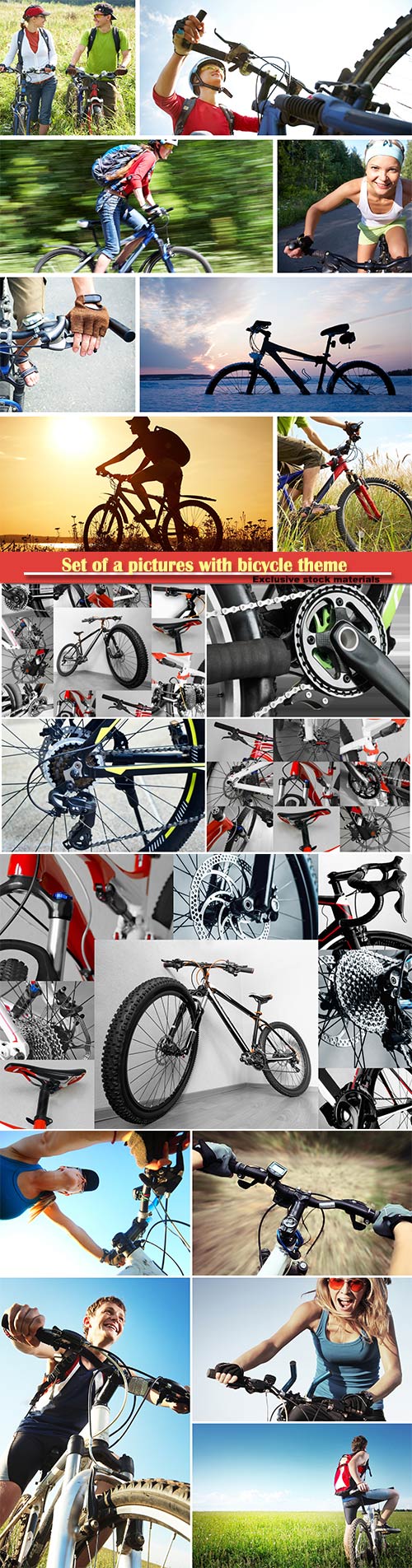 Set of a pictures with bicycle theme, bicycle, wheel, handlebar, saddle, ge ...