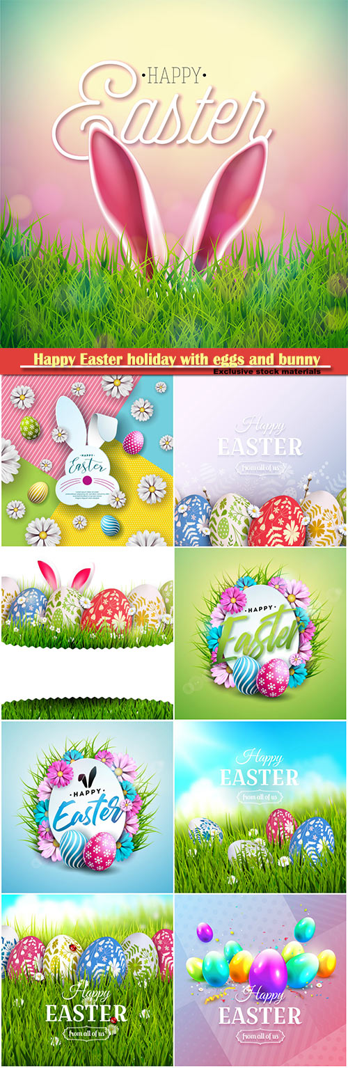 Happy Easter holiday with eggs and bunny, vector illustration # 11