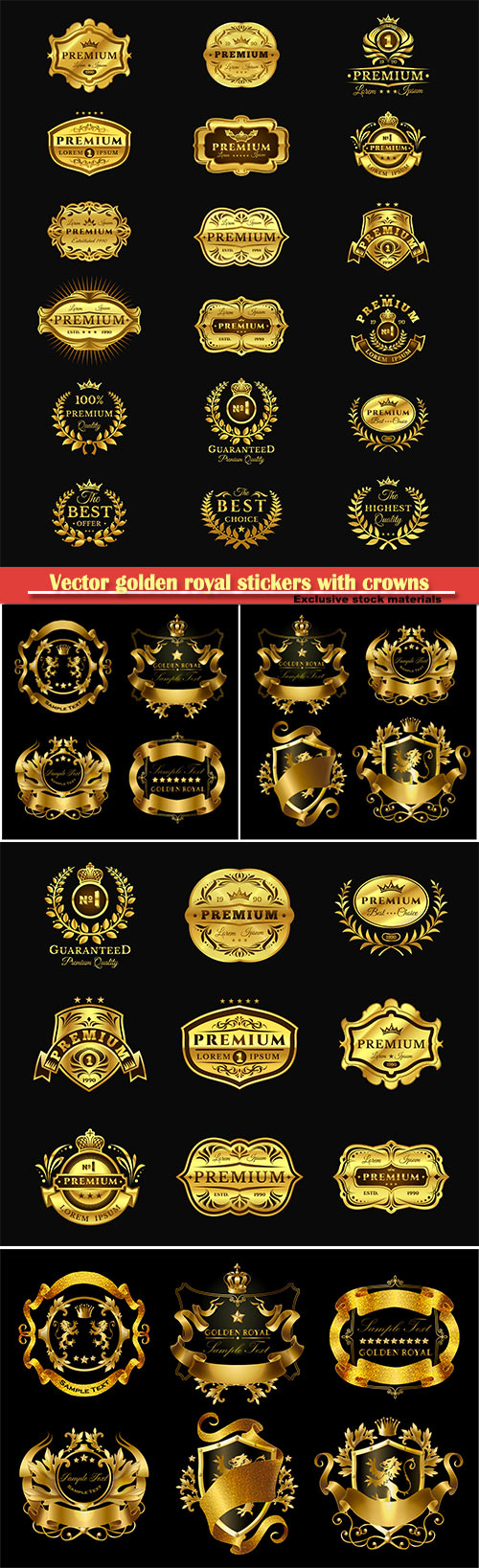 Vector golden royal stickers with crowns, elegant monogram and labels